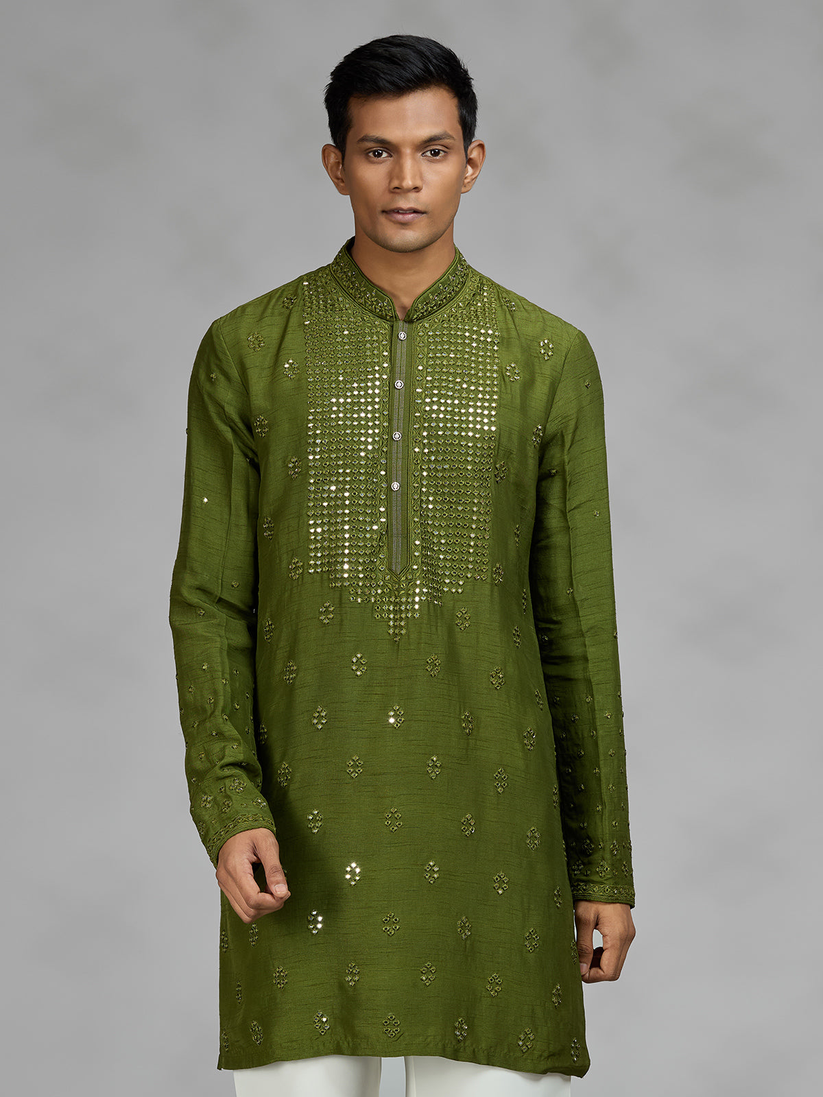 Green aabla embroidered mens kurta pajama