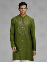 Green aabla embroidered mens kurta pajama