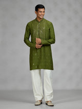 Green aabla embroidered mens kurta pajama
