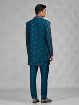 Teal blue layered mens indo western