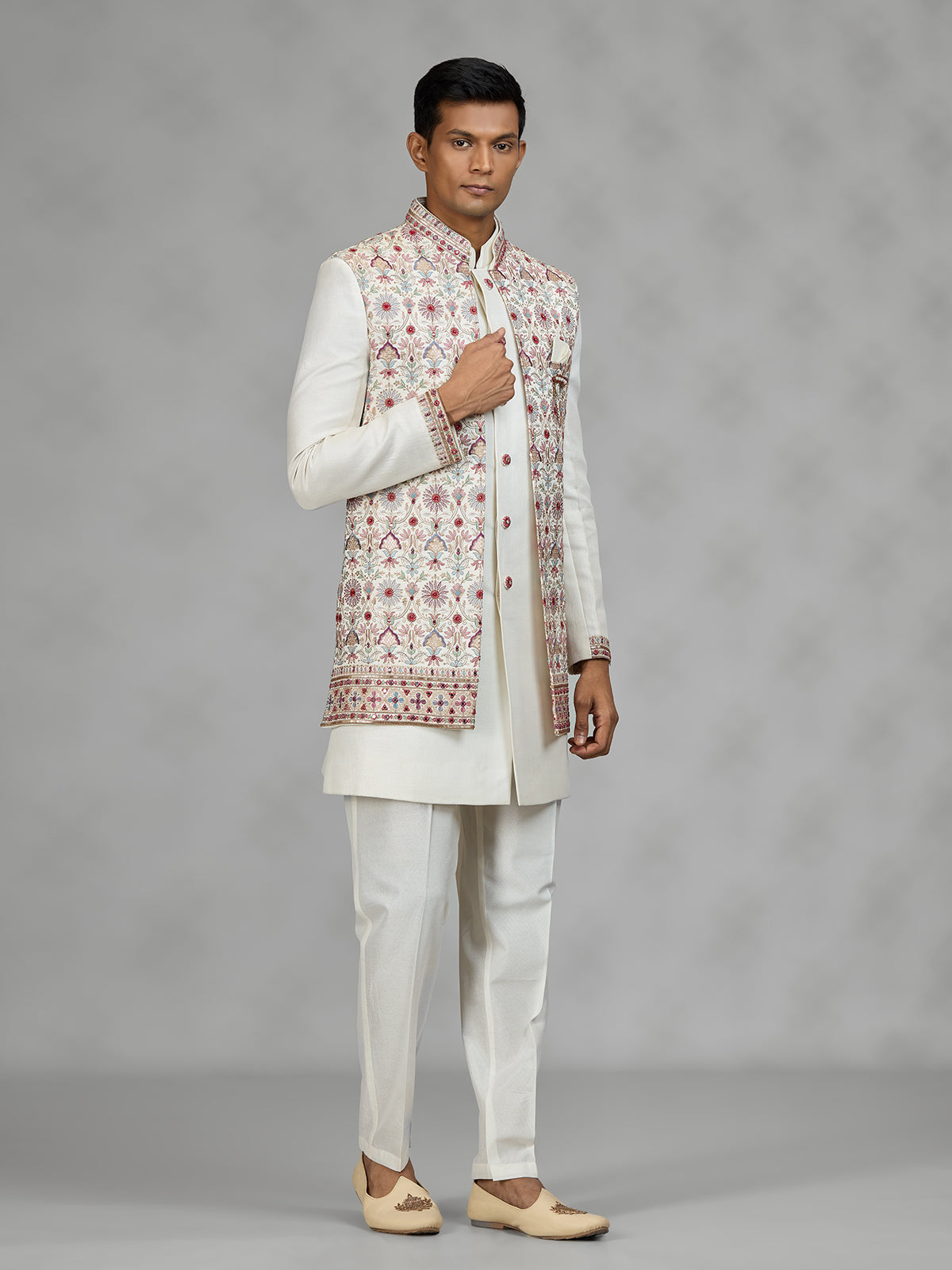 Cream floral jacket mens indo western