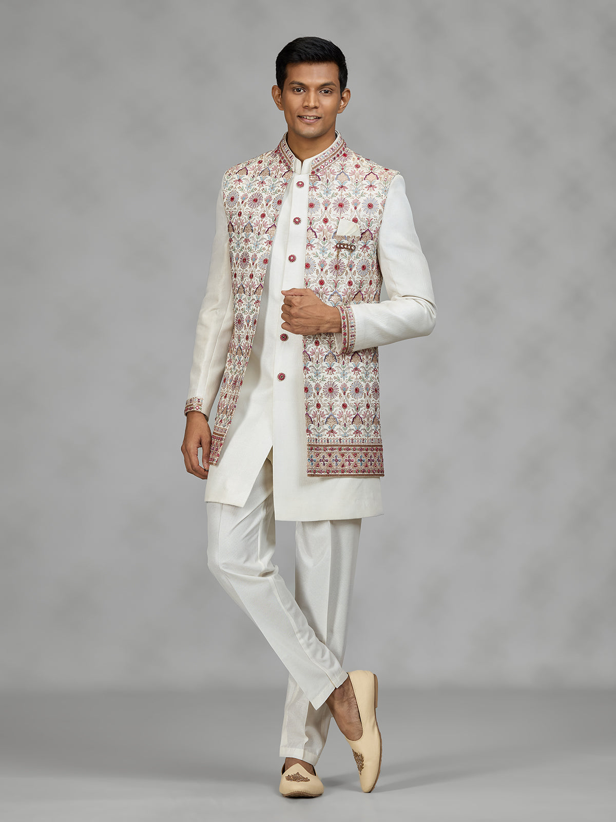 Cream floral jacket mens indo western