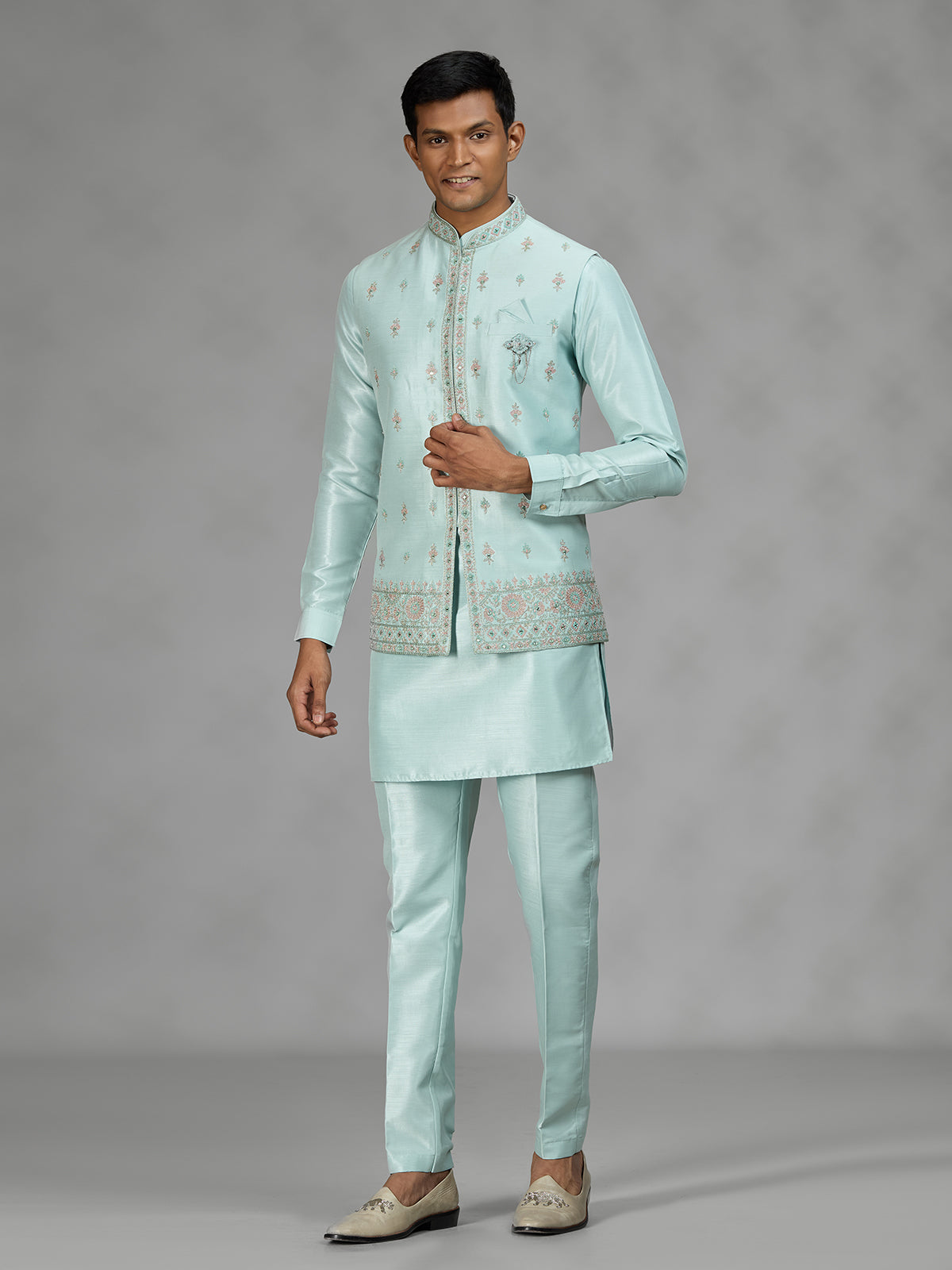 Firozi blue floral bundi mens waistcoat set