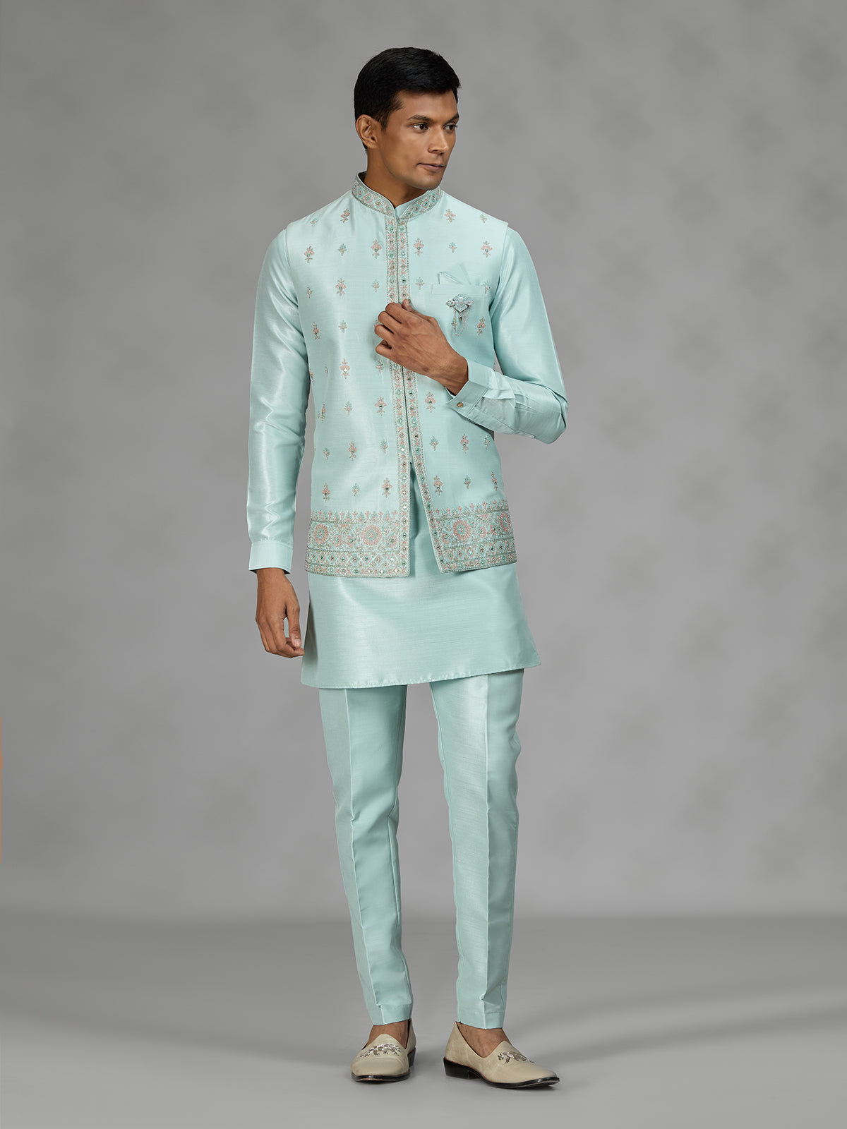 Firozi blue floral bundi mens waistcoat set
