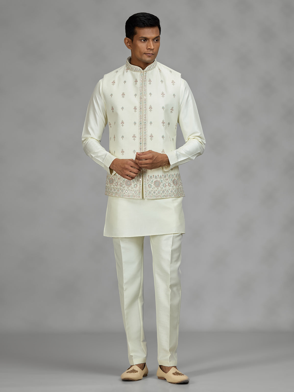 Cream floral bundi mens waistcoat set