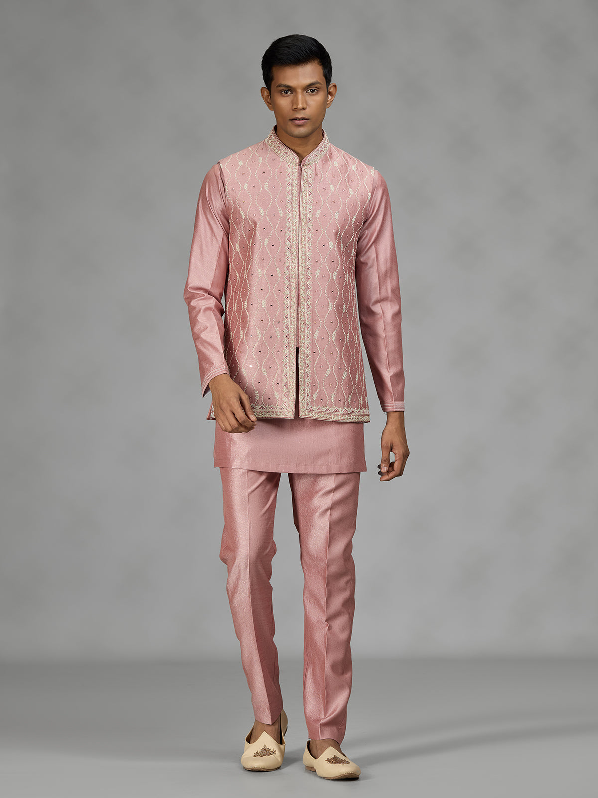 Pastel pink wave embroidery mens waistcoat set