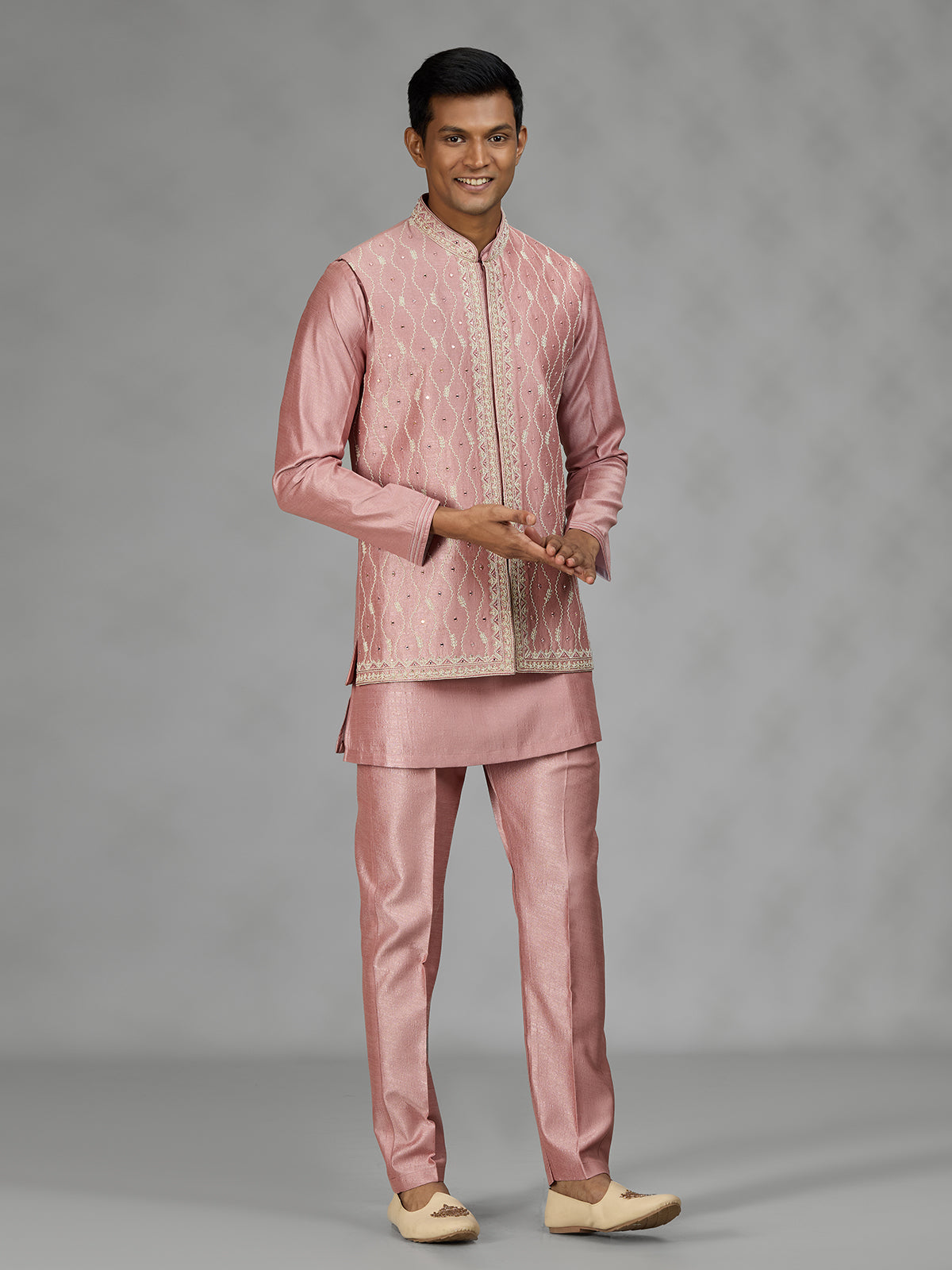 Pastel pink wave embroidery mens waistcoat set
