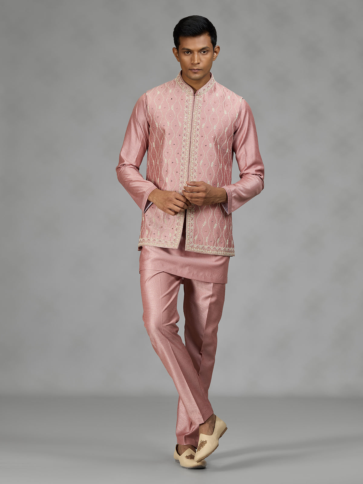 Pastel pink wave embroidery mens waistcoat set