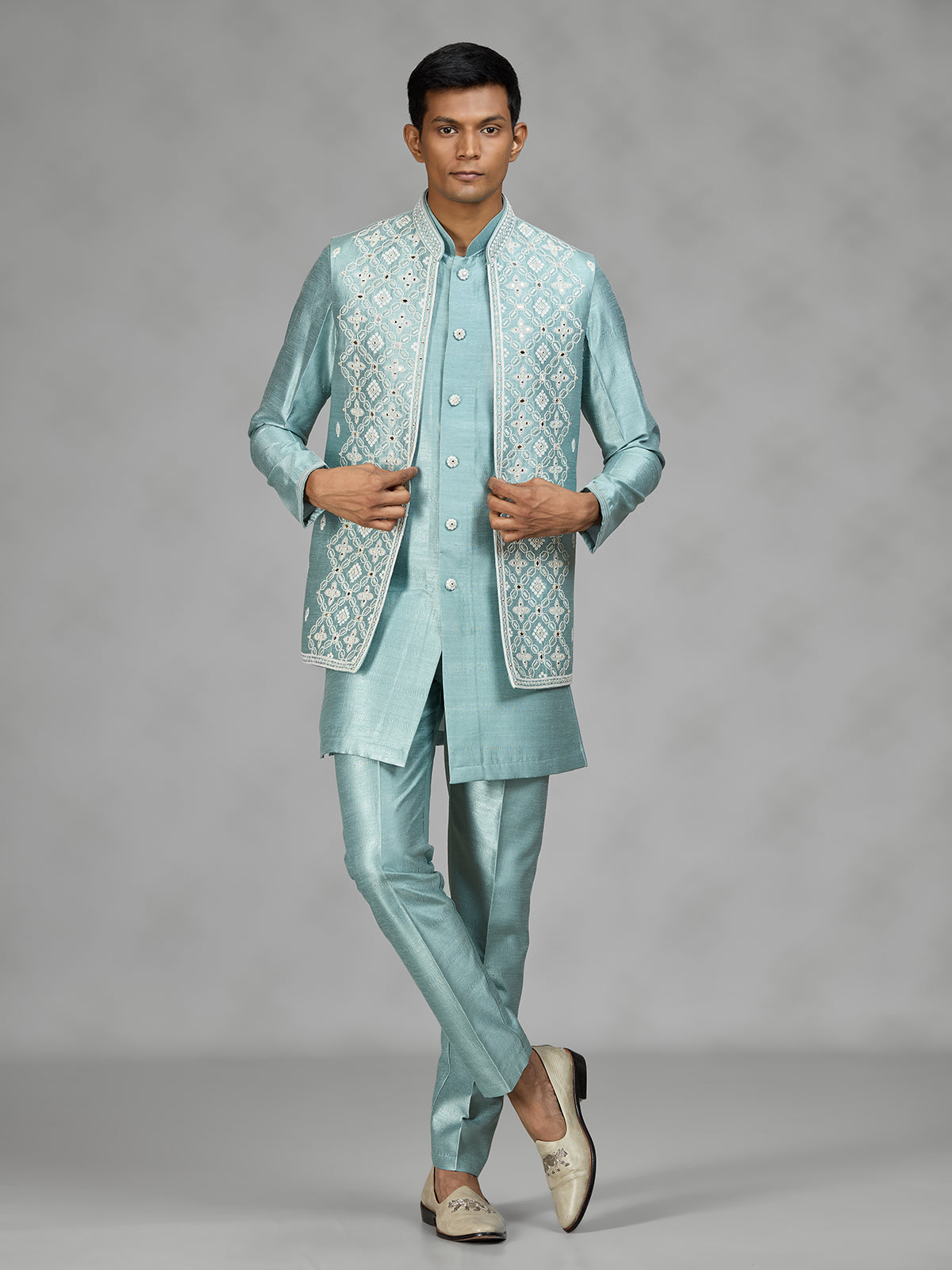 Firozi blue geometric mens waistcoat set