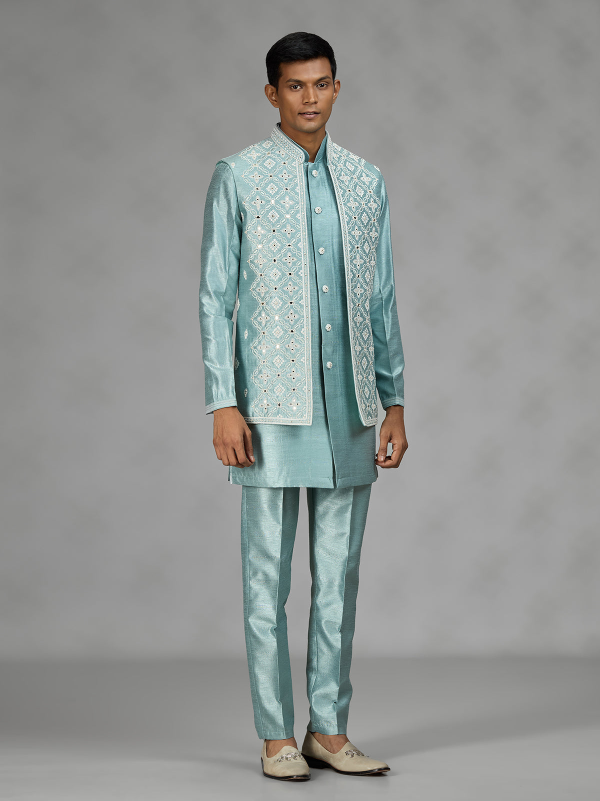 Firozi blue geometric mens waistcoat set