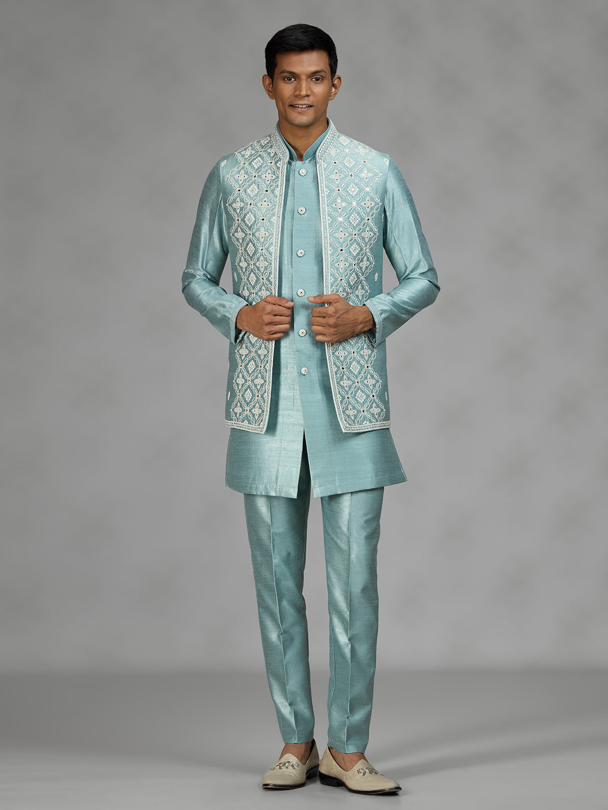 Firozi blue geometric mens waistcoat set