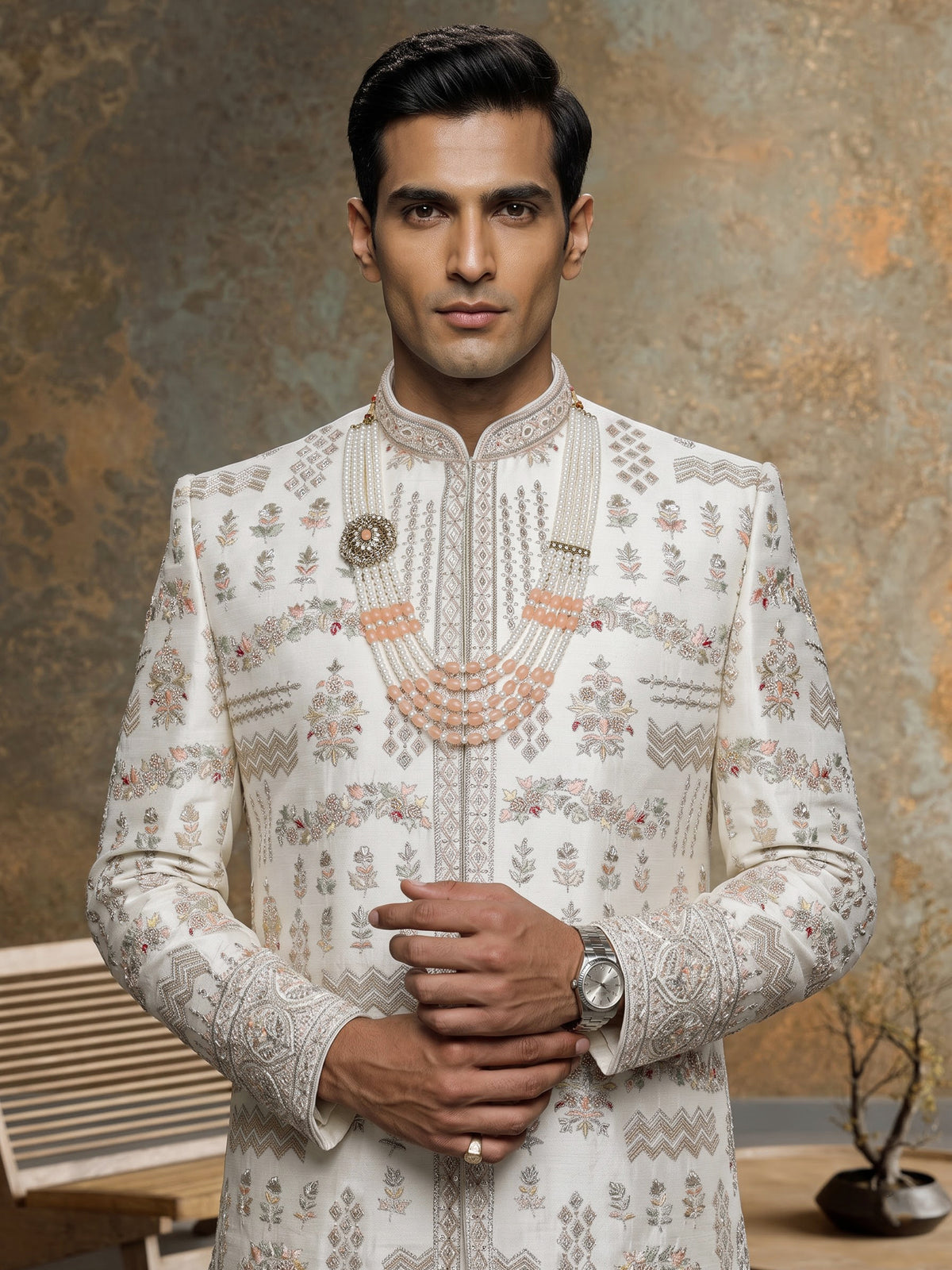 Ivory cream raw silk elephant jaal sherwani for mens