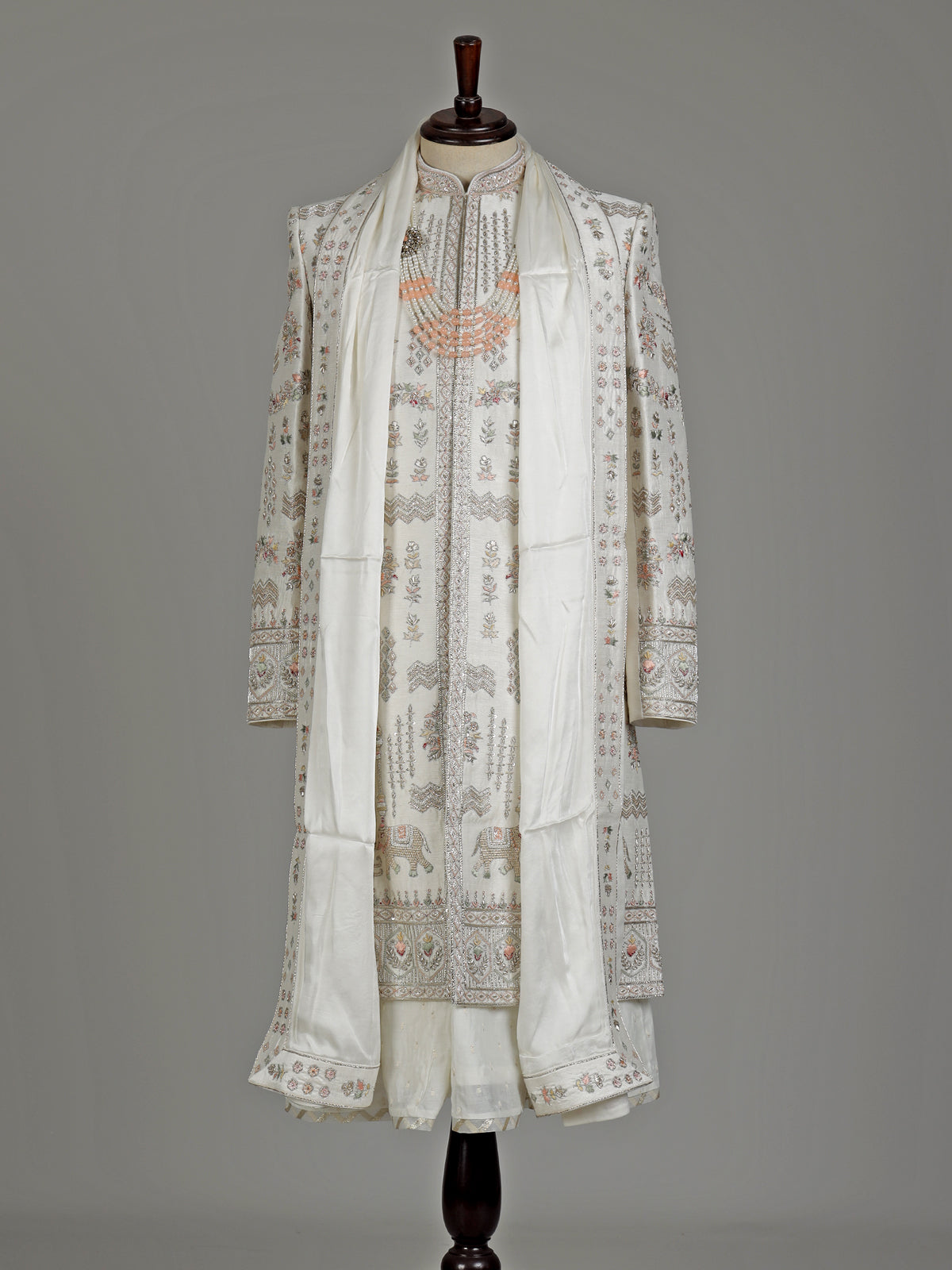 Ivory cream raw silk elephant jaal sherwani for mens