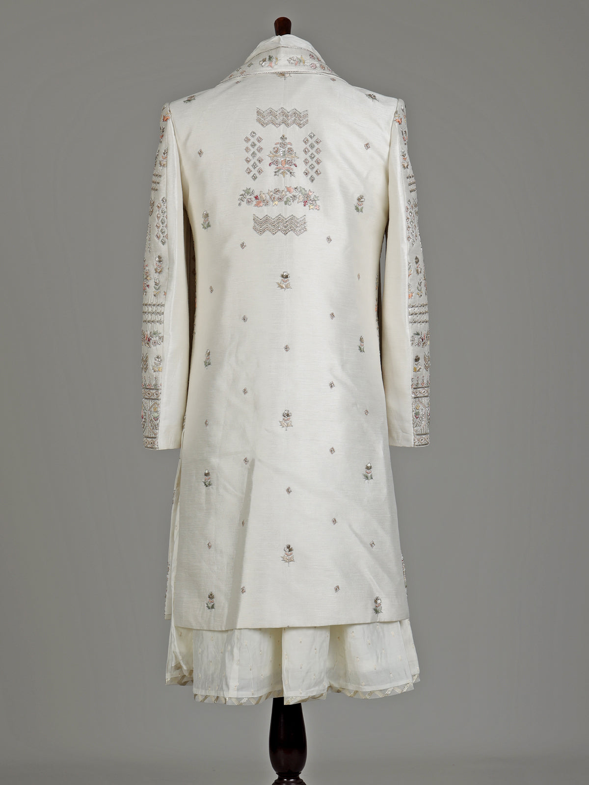 Ivory cream raw silk elephant jaal sherwani for mens