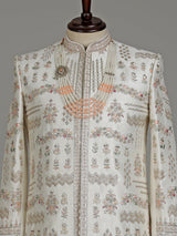 Ivory cream raw silk elephant jaal sherwani for mens