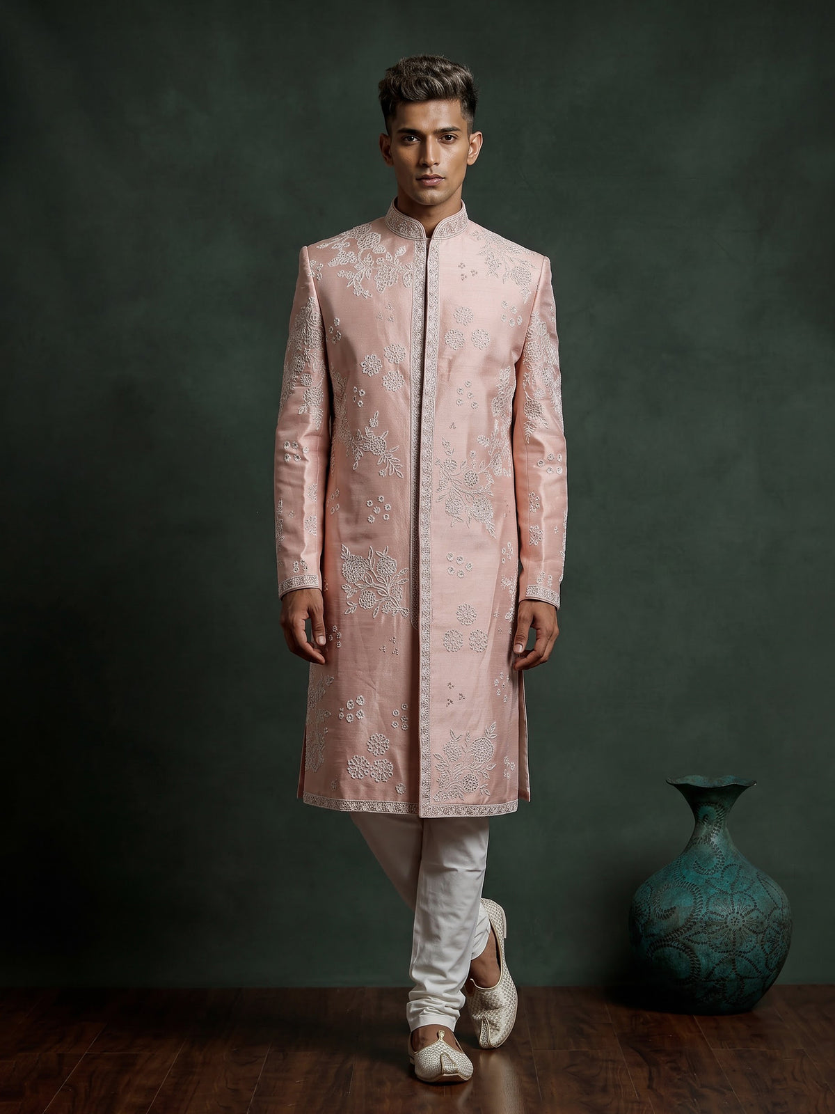 Pastel blush peach embellished silk sherwani for mens weddings