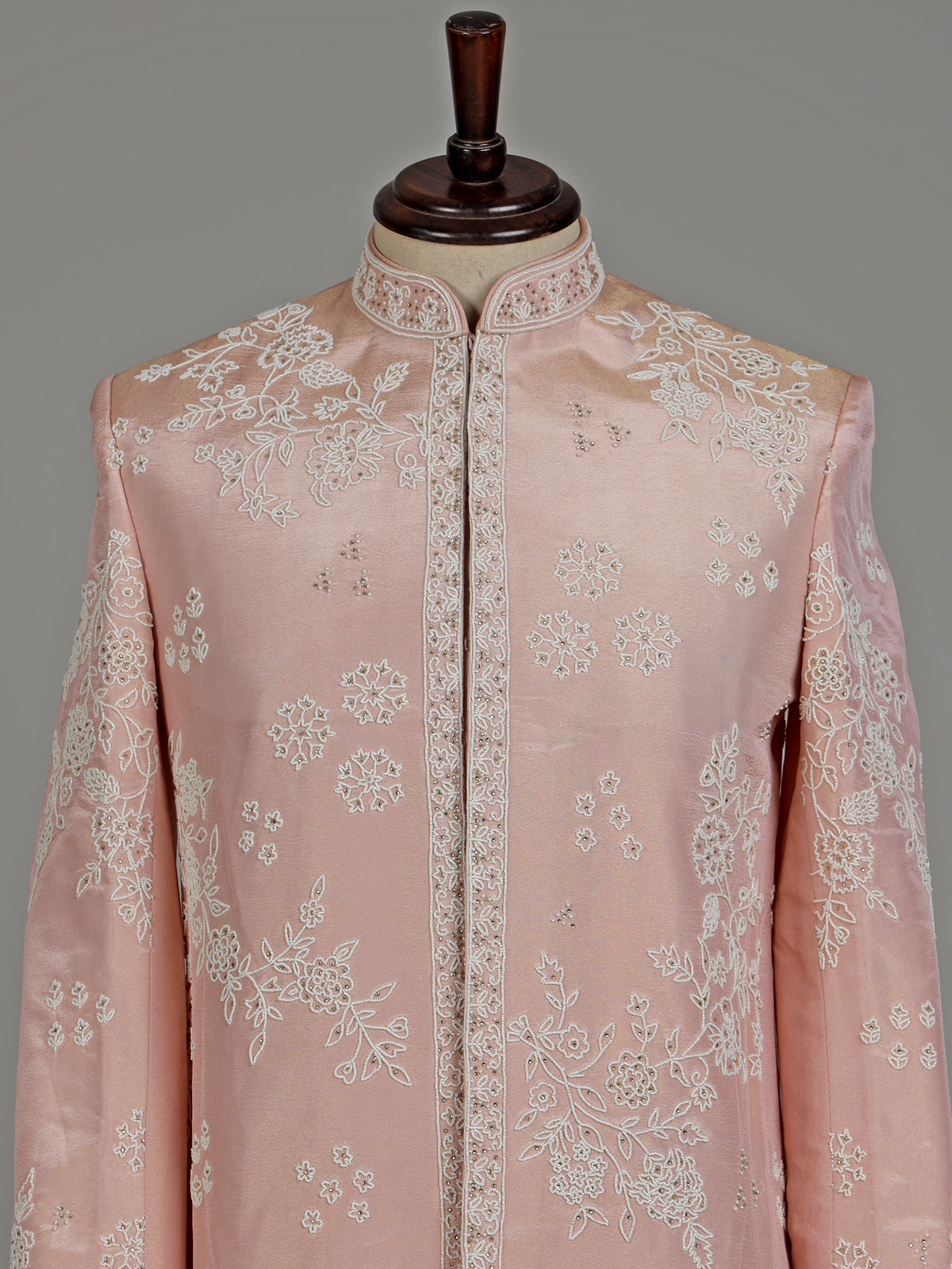 Pastel blush peach embellished silk sherwani for mens weddings