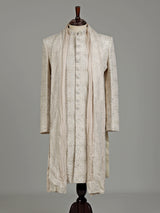 Beige silk floral zardosi sherwani with dupatta for mens weddings