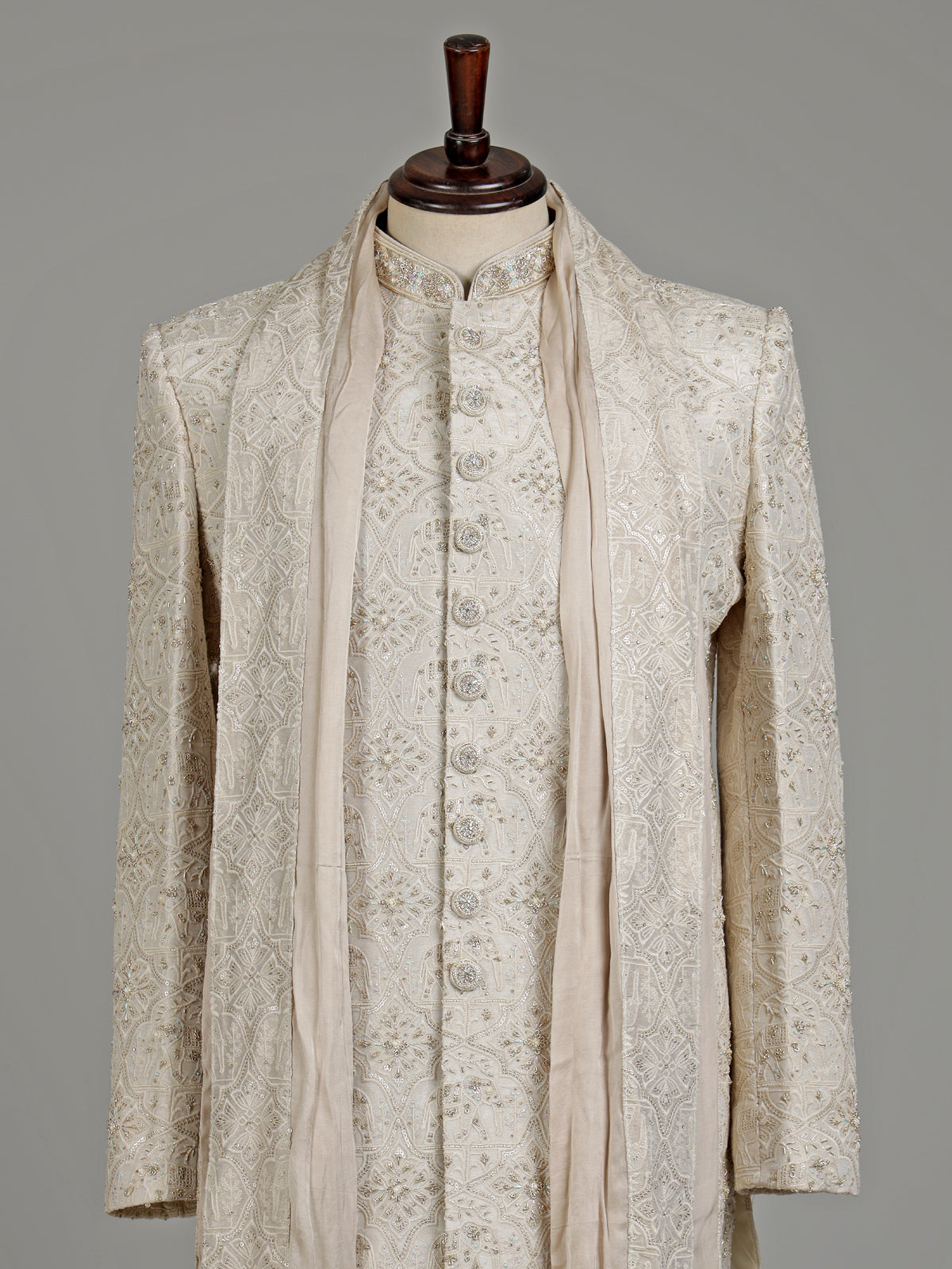 Beige silk floral zardosi sherwani with dupatta for mens weddings