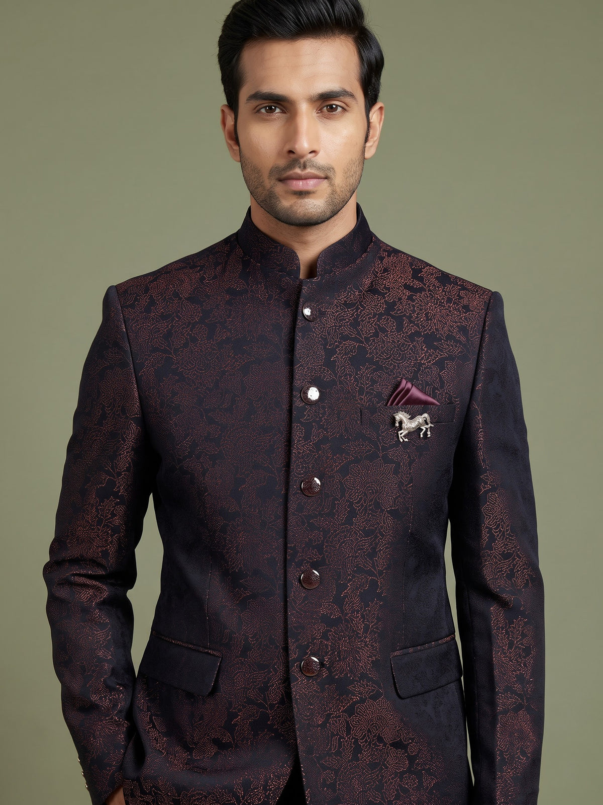 Black mens brown textured jacquard tailored jodhpuri suit for weddings