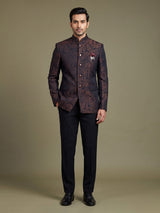 Black mens brown textured jacquard tailored jodhpuri suit for weddings