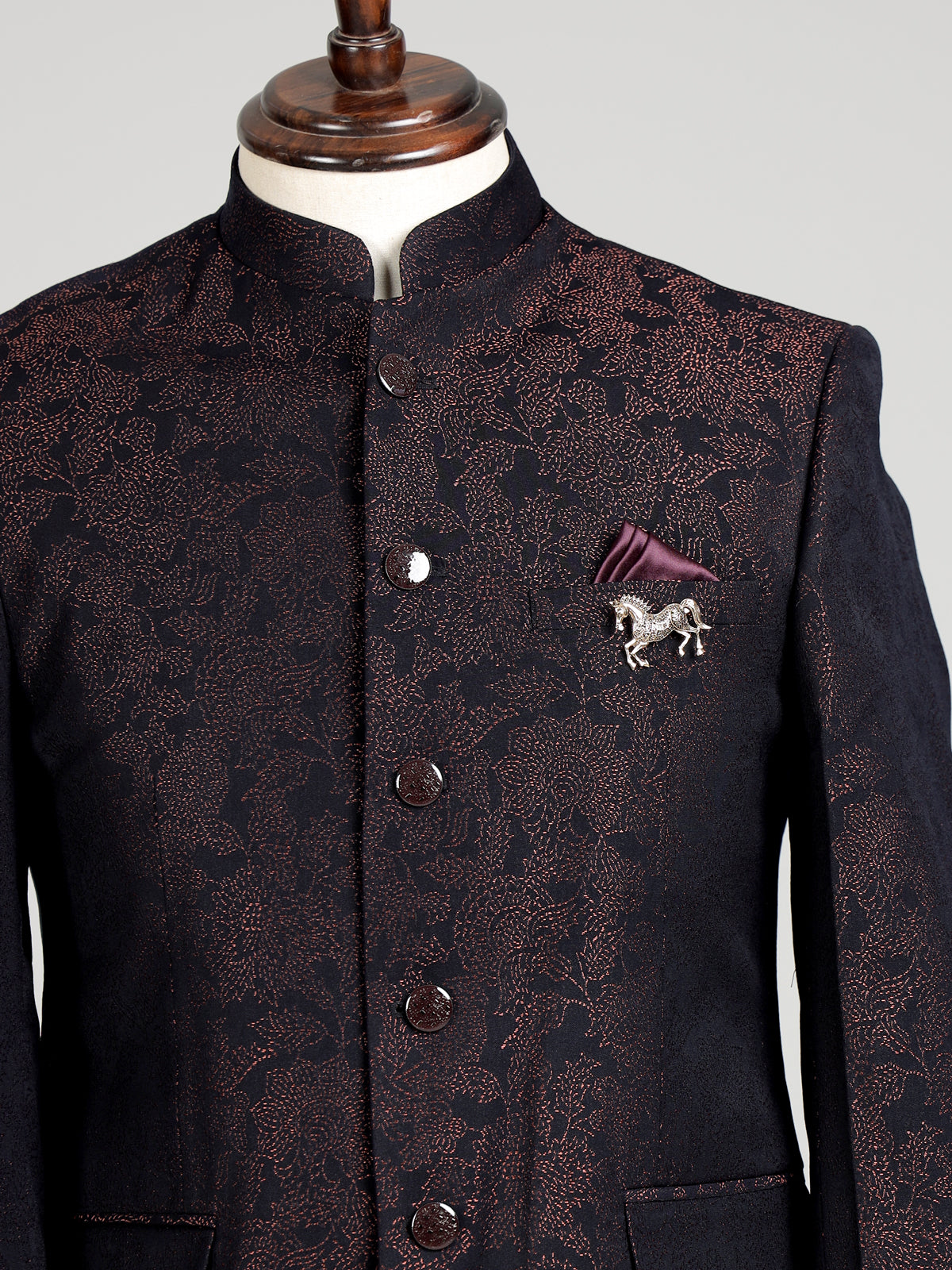 Black mens brown textured jacquard tailored jodhpuri suit for weddings