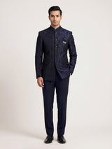 Black mens blue textured jacquard brooch jodhpuri suit for weddings