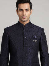 Black mens blue textured jacquard brooch jodhpuri suit for weddings