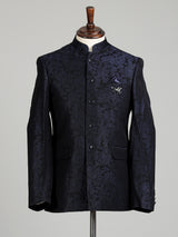 Black mens blue textured jacquard brooch jodhpuri suit for weddings
