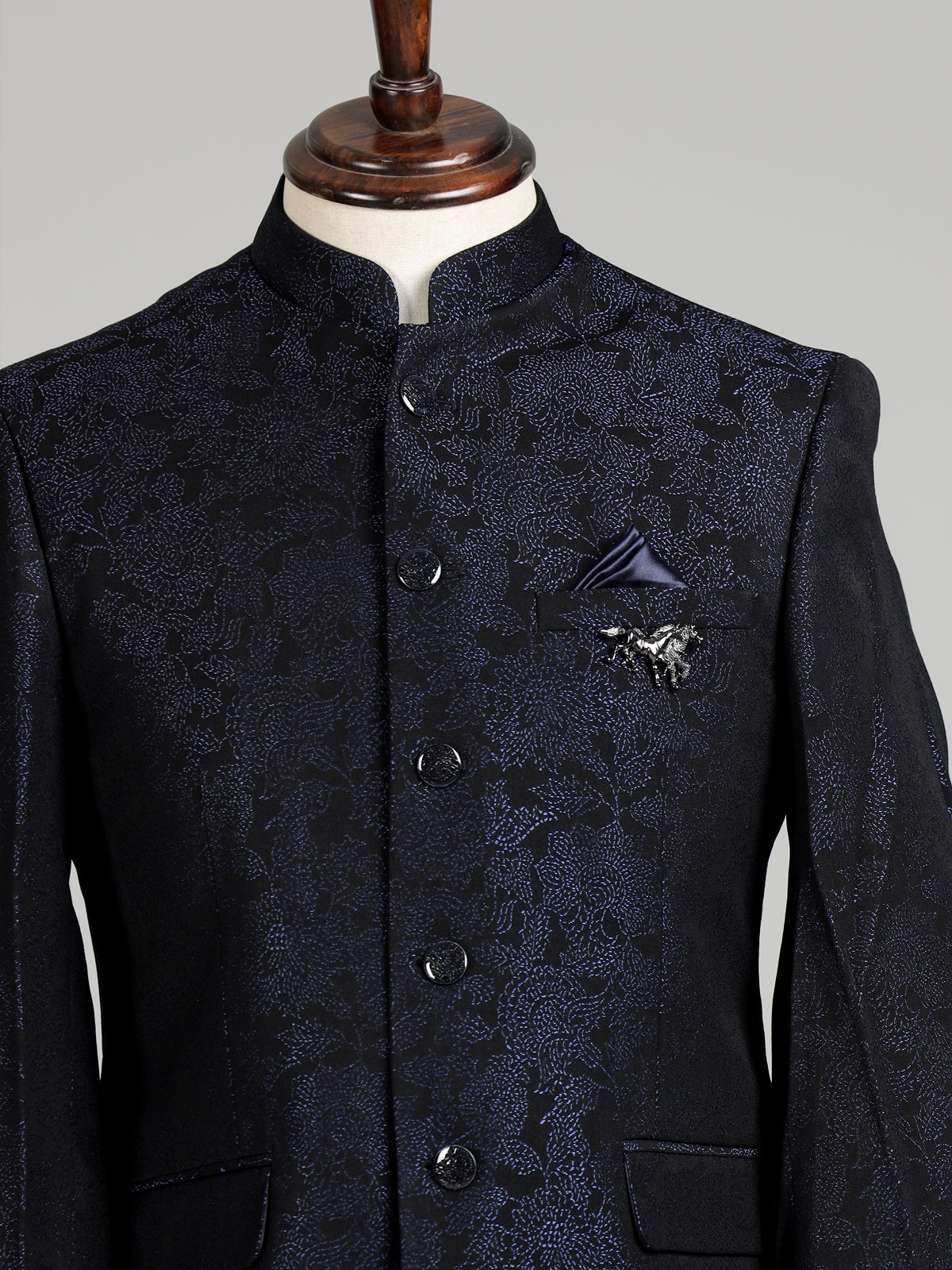 Black mens blue textured jacquard brooch jodhpuri suit for weddings