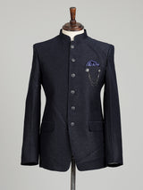 Blue mens textured jacquard brooch detail jodhpuri suit for weddings