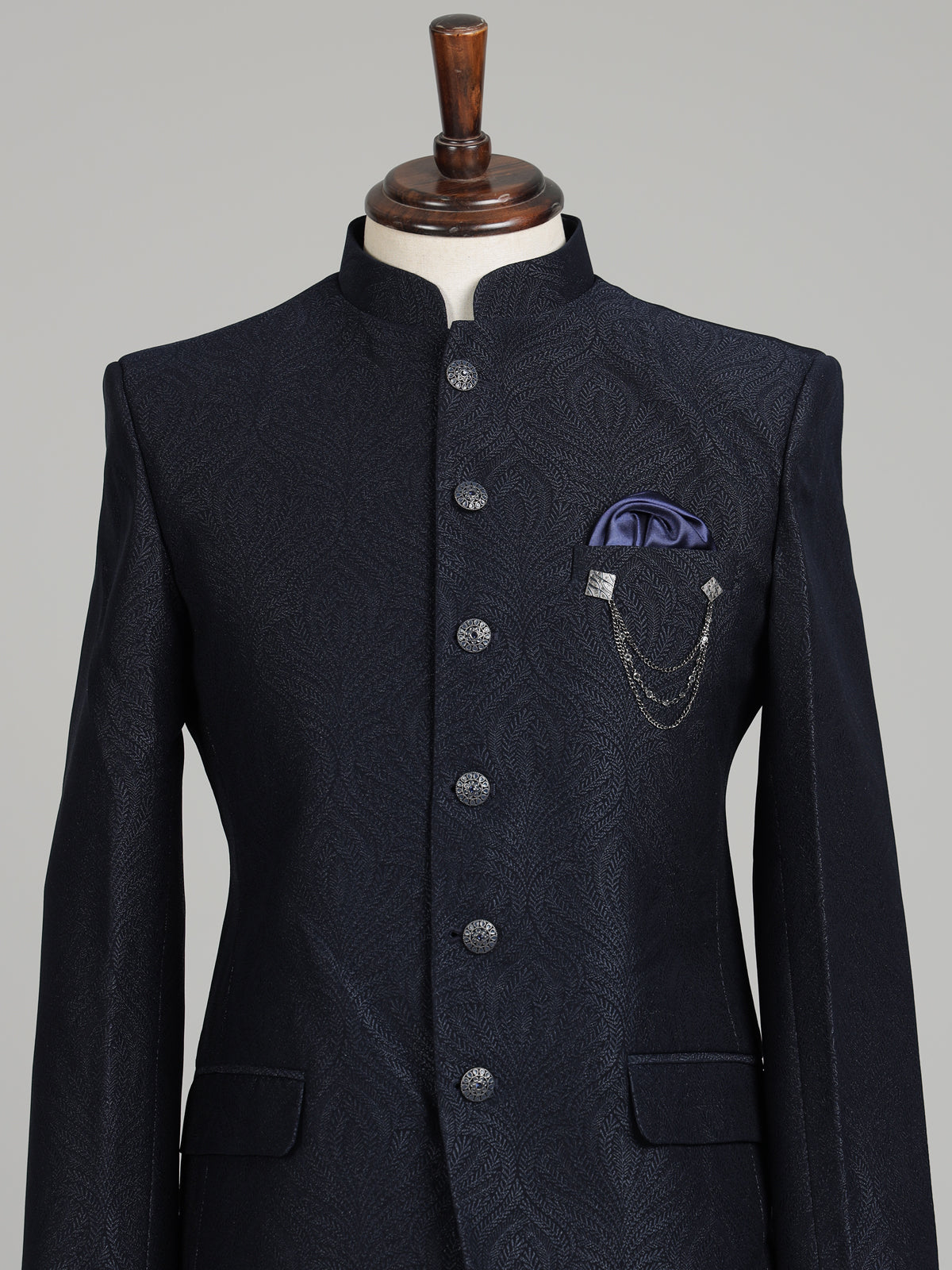 Blue mens textured jacquard brooch detail jodhpuri suit for weddings