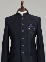 Blue mens textured jacquard brooch detail jodhpuri suit for weddings