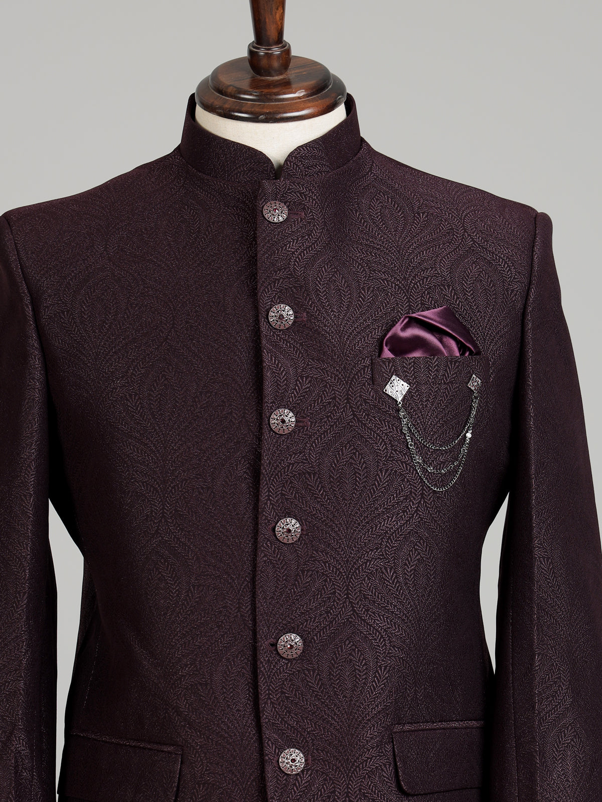 Wine mens textured jacquard designer button jodhpuri suit for weddings