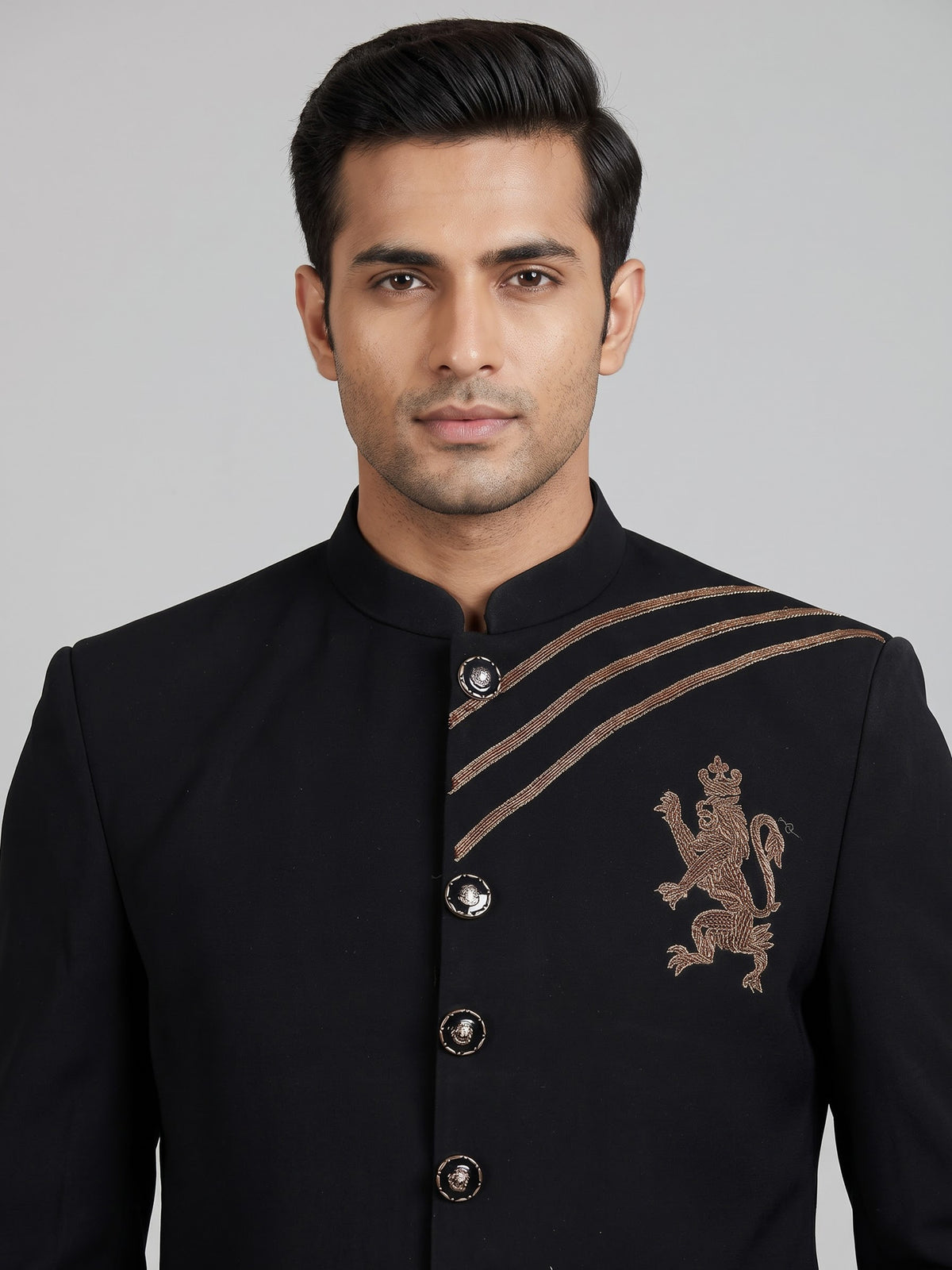 Black mens royal lion zardosi bandhgala jodhpuri suit for weddings