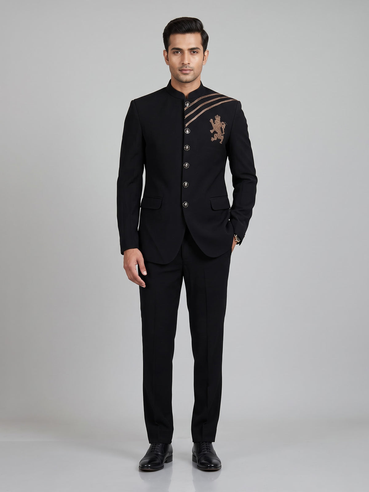 Black mens royal lion zardosi bandhgala jodhpuri suit for weddings