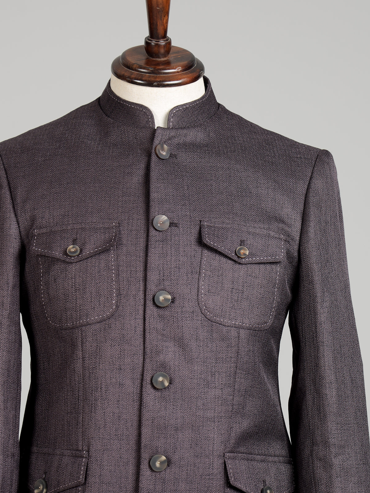 Charcoal mens grey patch pocket poly-viscose jodhpuri suit for weddings