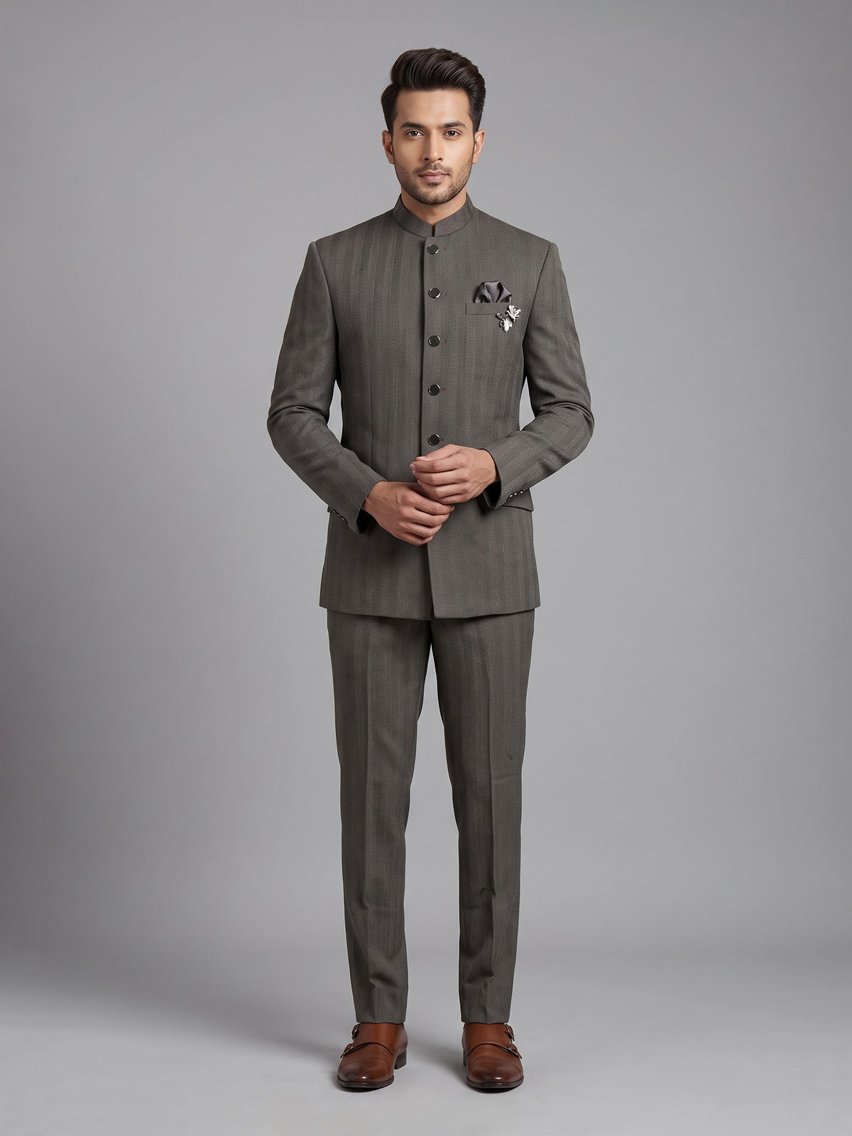 Olive mens brown premium textured bandhgala jodhpuri suit for weddings