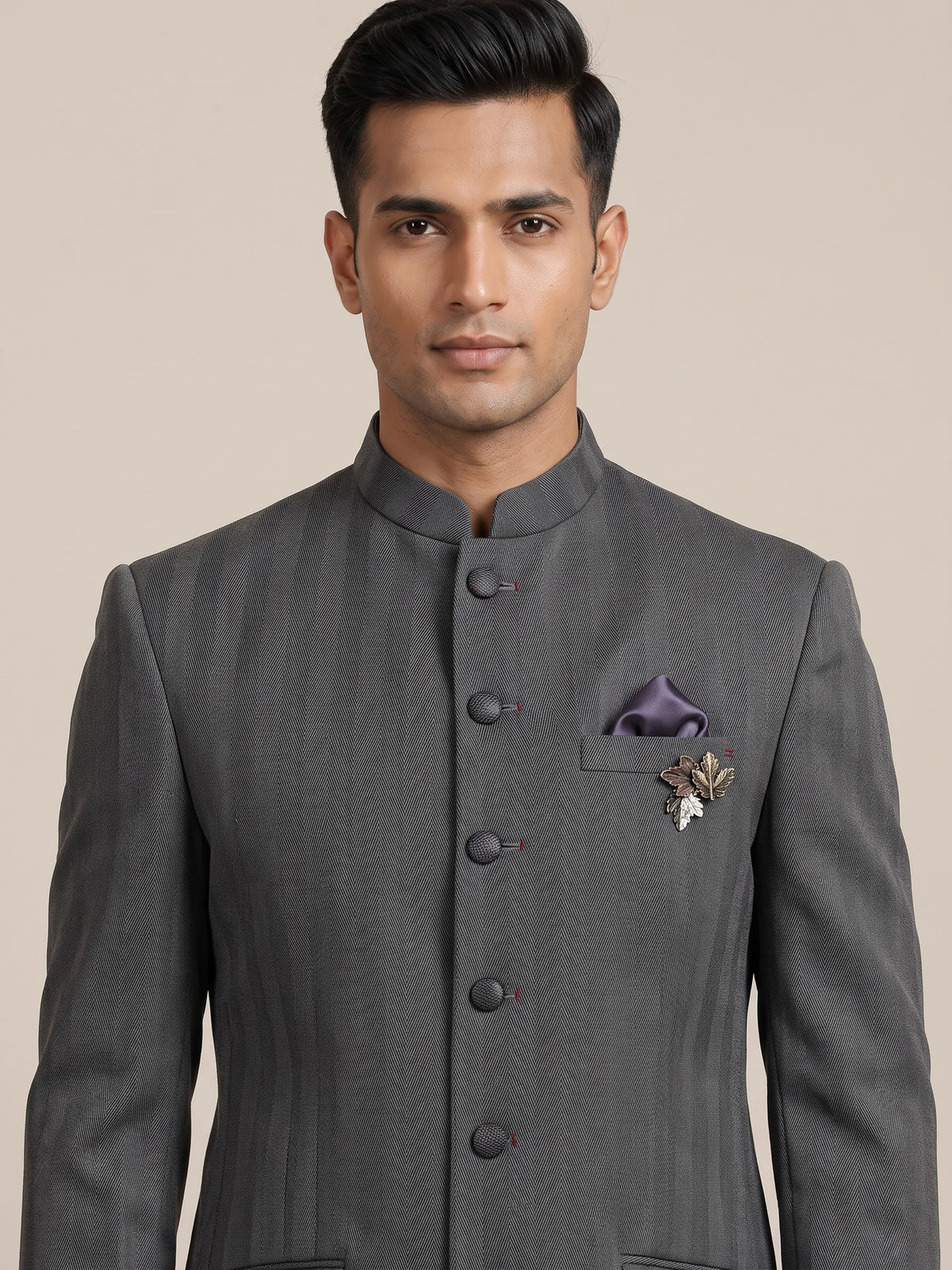 Charcoal mens grey refined textured poly-viscose jodhpuri suit for weddings
