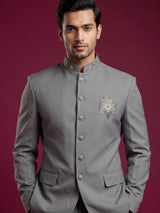 Grey mens tonal zardosi medallion bandhgala jodhpuri suit for weddings