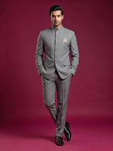 Grey mens tonal zardosi medallion bandhgala jodhpuri suit for weddings
