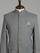 Grey mens tonal zardosi medallion bandhgala jodhpuri suit for weddings