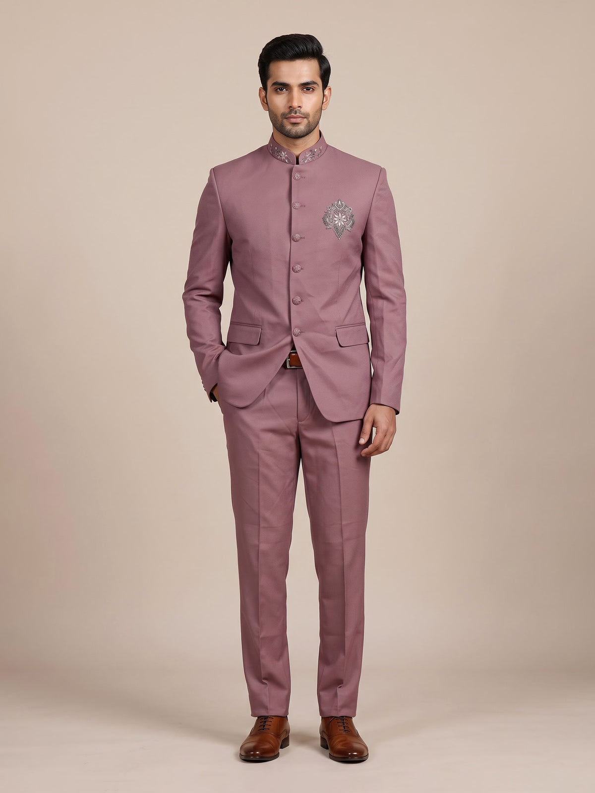 Onion mens pink embellished textured jacquard jodhpuri suit for weddings