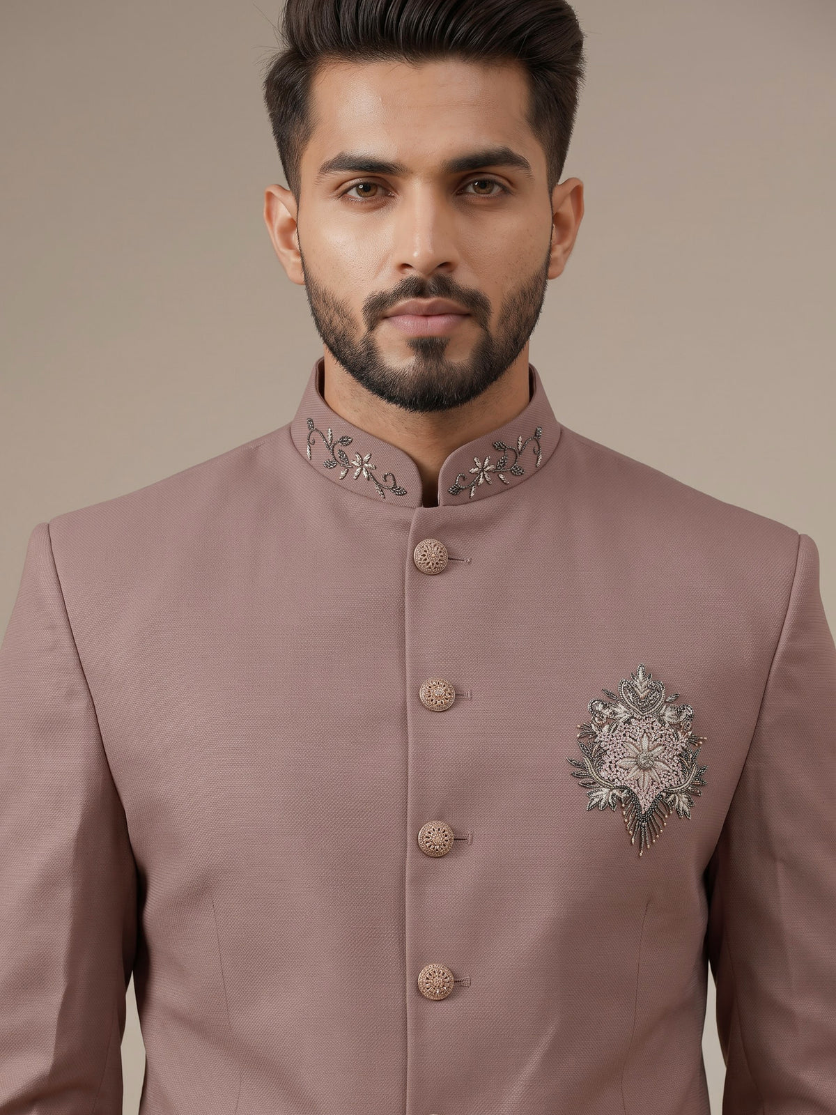 Dusty mens mauve pink zardosi medallion jodhpuri suit for weddings