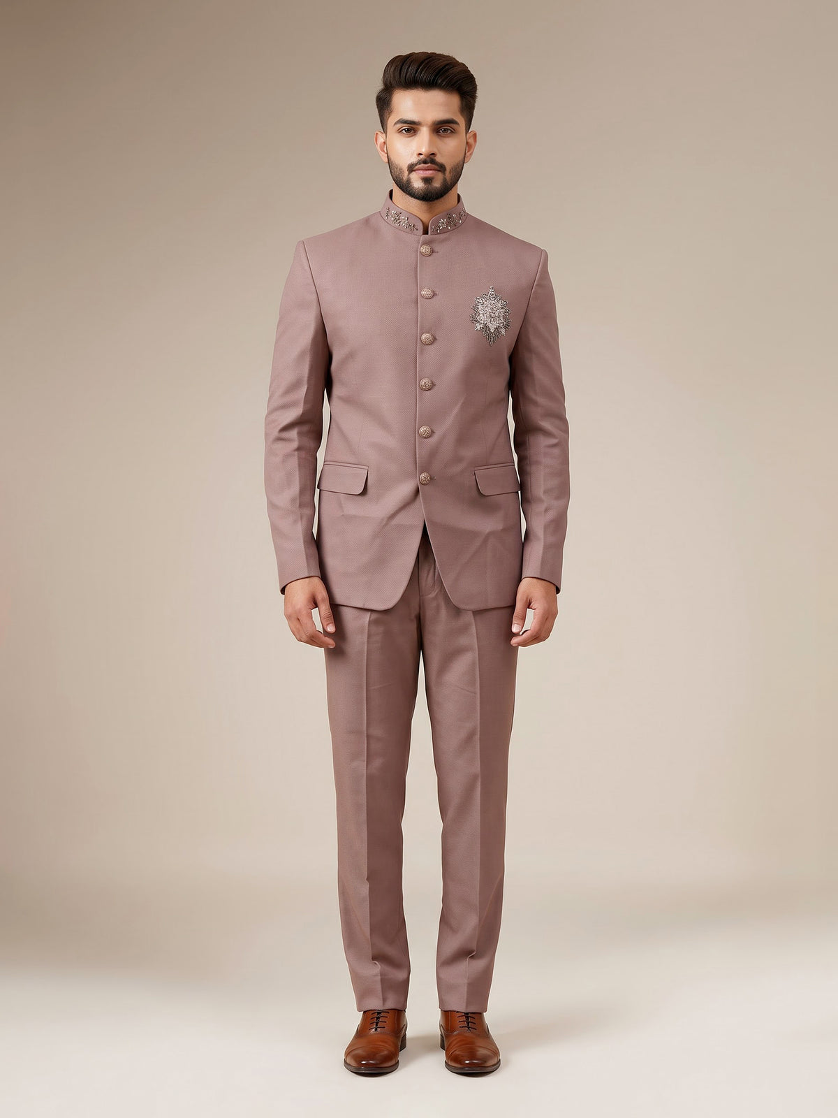 Dusty mens mauve pink zardosi medallion jodhpuri suit for weddings