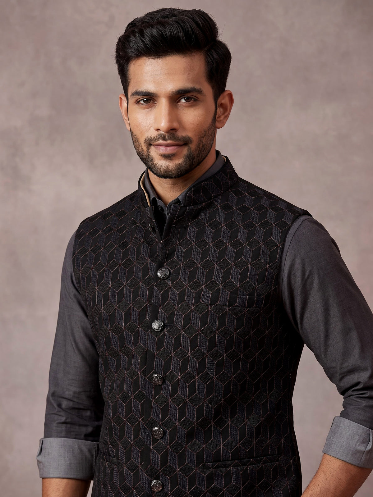 Black jacquard textured waistcoat with tonal metallic buttons for mens