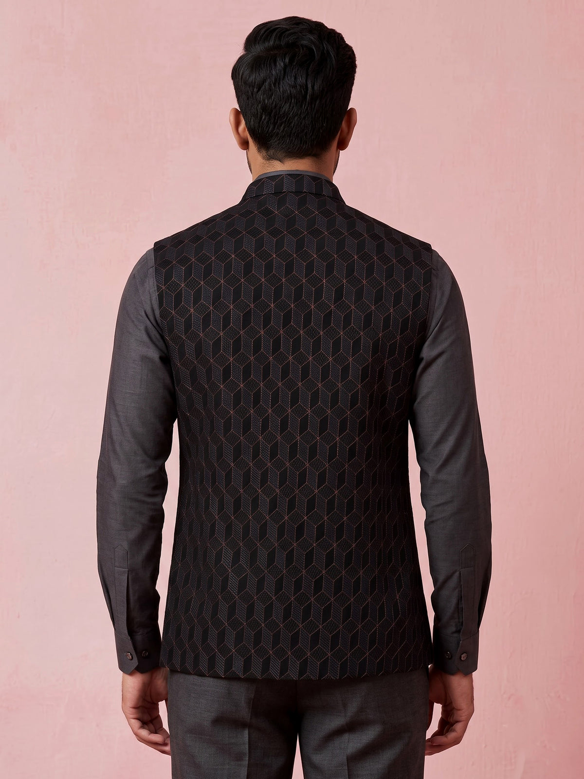 Black jacquard textured waistcoat with tonal metallic buttons for mens