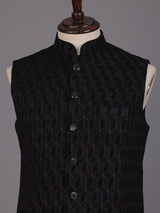 Black jacquard textured waistcoat with tonal metallic buttons for mens