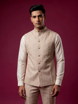 Light peach textured butti waistcoat with metallic buttons for mens