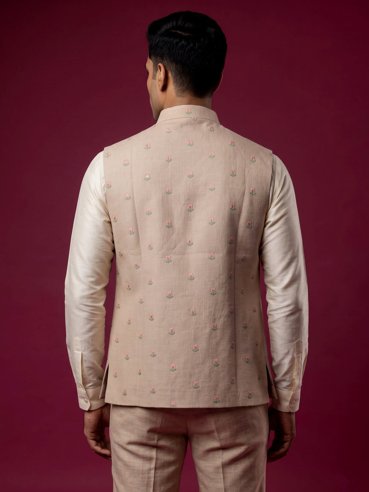 Light peach textured butti waistcoat with metallic buttons for mens